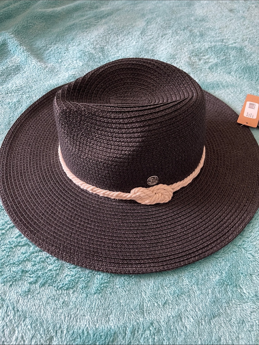 Steve Madden Black Straw Sun Hat with Cream Rope Accent NWT